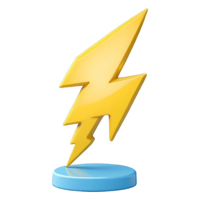 A cute 3D render icon of a lightning bolt shape. Rounded edges, plump and glossy yellow plastic material. Soft studio lighting, cheerful style. Isolated on a clean light blue gradient background. High quality, minimalist design isolated on a solid black background. sticker