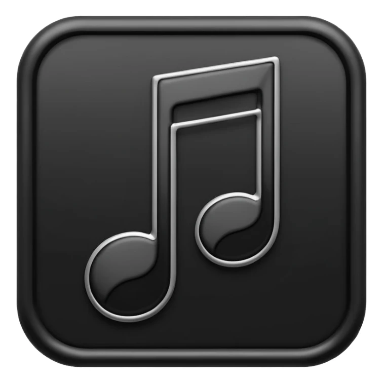 single musical note emoji, deep matte black metal material, smooth rounded geometry sticker