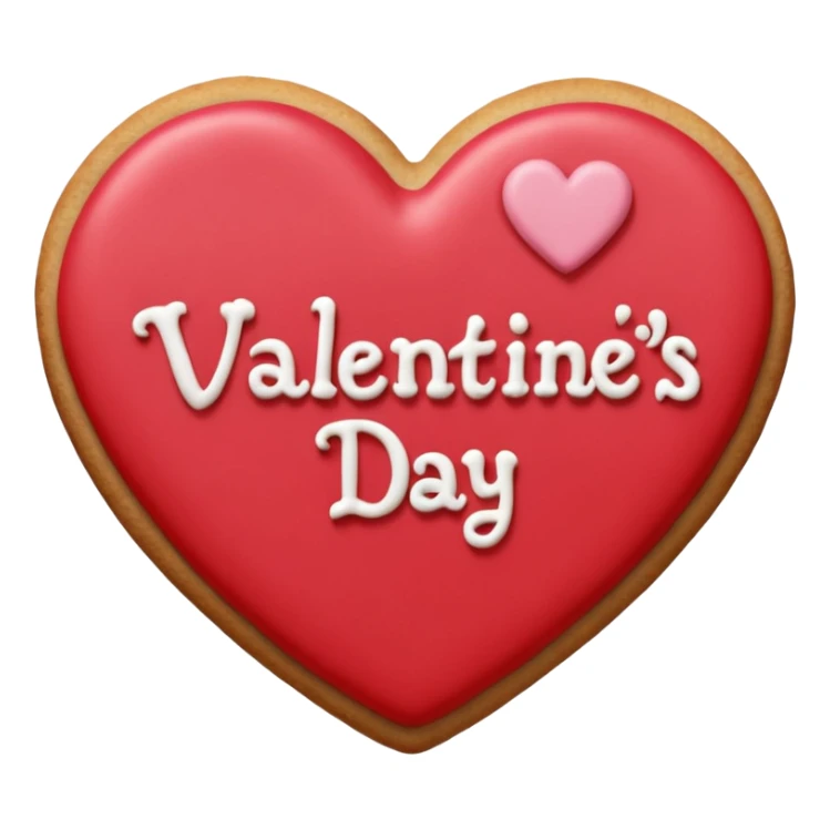 Heart-shaped cookie with smooth red icing emoji, write 'Valentine's day' on top of the red icing in white icing sticker