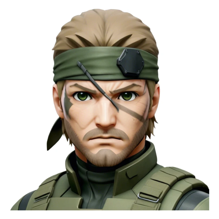 Cinematic Realistic Metal Gear Solid Snake Soldier Portrait, depicted with steely determination and tactical precision. Clad in intricately detailed combat attire in consistent muted greens, browns, and blacks, his rugged, weathered features and piercing eyes exude relentless resolve. Rendered with lifelike texture and dramatic, natural lighting, high shine, noble and stealthy, capturing the essence of a legendary soldier operating in the shadows. sticker