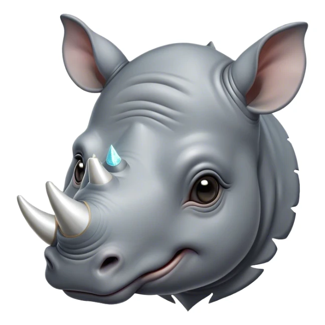 Cinematic Cute Rhinoceros Portrait Emoji, Head tilted playfully and inquisitively, featuring a rugged, glossy slate-gray hide with a gentle, rounded white horn and round, sparkling eyes filled with curious wonder, Simplified yet irresistibly adorable features, highly detailed, glowing with a warm, friendly glow, high shine, affectionate and mighty, stylized with a touch of ancient charm, bright and endearing, soft glowing outline, capturing the essence of a mischievous yet loving rhinoceros, so playful it feels like it could stomp out of the screen and into your arms! sticker