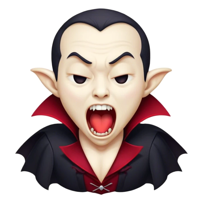 Cinematic Cute Yawning Vampire Portrait Emoji, with a small, rounded, charming pale face accented with tiny playful fangs and droopy, half-closed eyes, head tilted in an adorable wide yawn, dressed in miniature elegant dark attire with a hint of crimson, simplified yet irresistibly endearing, highly detailed with a soft, mysterious glow and gentle outline that captures the cute, drowsy side of an immortal! sticker