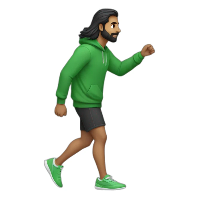 an indian man wearing a green sweatshirt, long hair, buzzed beard, black shorts, walking, side profile, one hand raised slightly up to waist level sticker