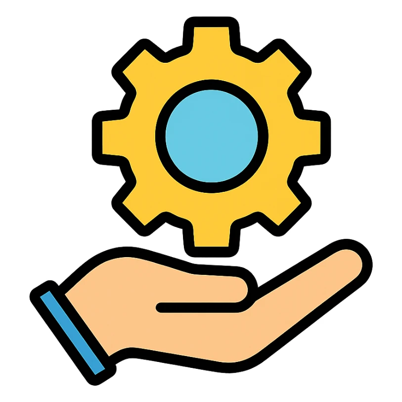 hand holding a cog icon with color and black outlines sticker