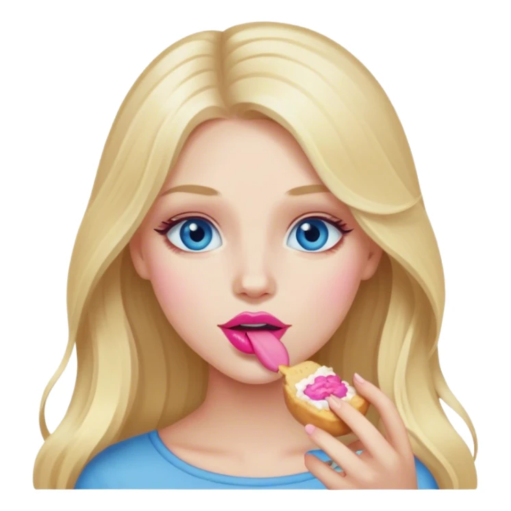 Cinematic realistic blonde with long hair, blue eyes and pink lips eats  sticker