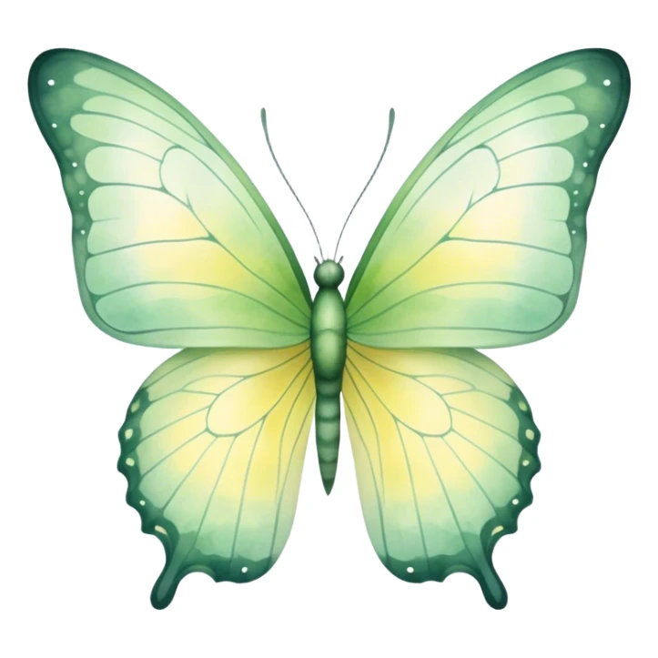 A delicate butterfly with translucent, pastel green wings, featuring subtle vein patterns and a gradient of light yellow and sage. The watercolor strokes give it a dreamy, ethereal appearance as it hovers in mid-air.
 sticker