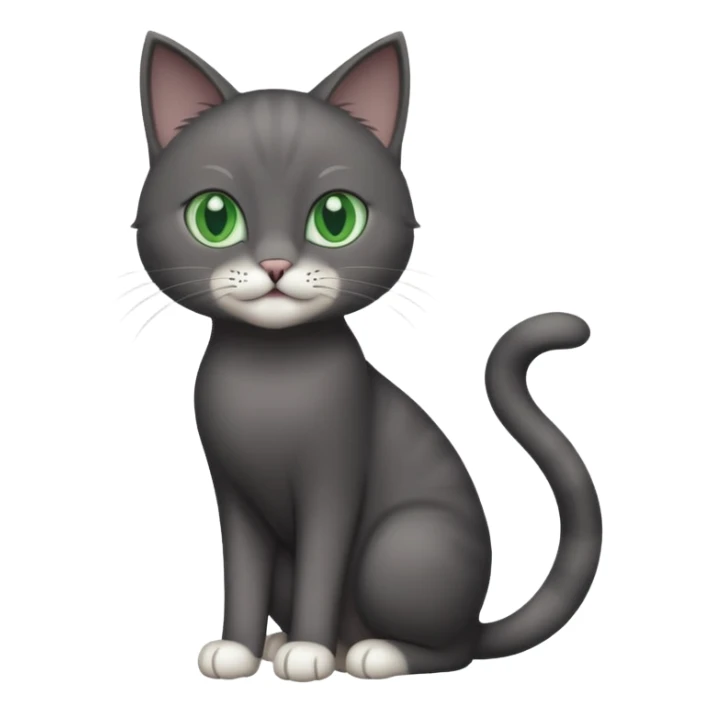 full body gorgeous solid dark grey cat with green eyes, white paws and white whiskers playing sticker