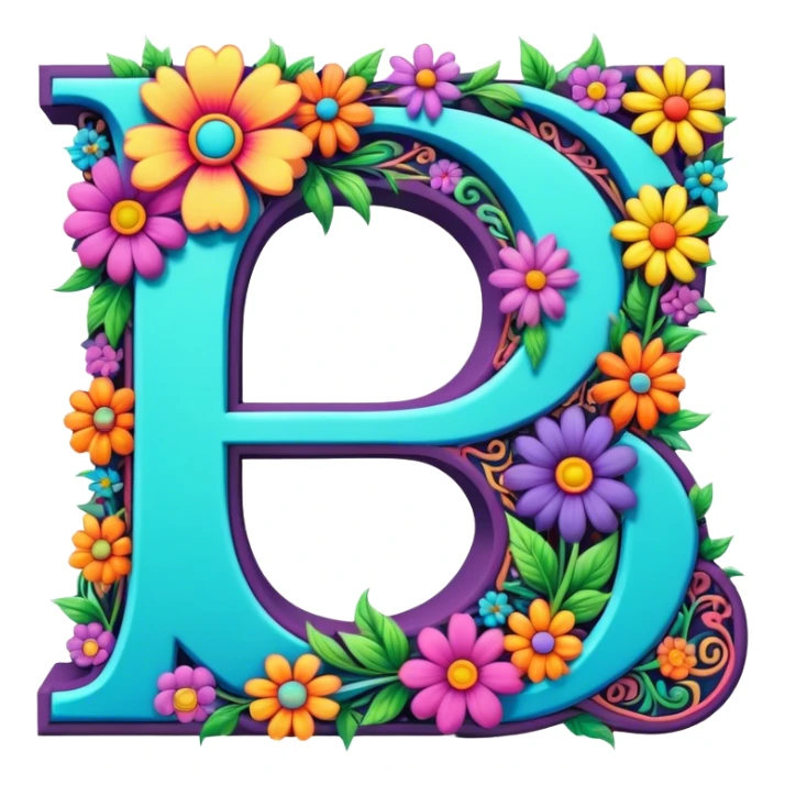 3D, gothic style psychedelic colored Letter D with hippie style flower border sticker