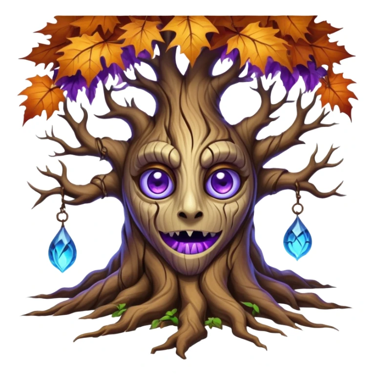 An ancient, psychic tree evolves by absorbing the essence of fallen autumn spirits, sprouting a radiant leaf, channels both forest wisdom and fiery seasonal magic through its gnarled. Purple eyes, blue eyes sharp teeth, bark wood skin, heterochromatic eyes sticker