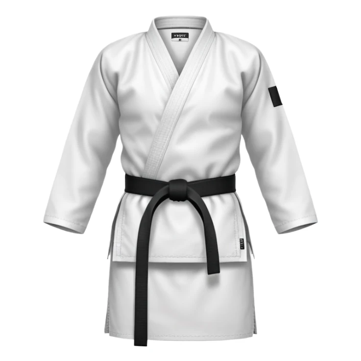 Traditional white karate gi with a black belt sticker
