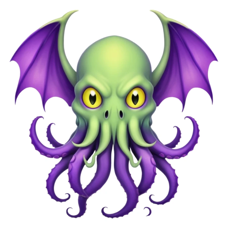 light green Cthulhu with purple bat wings and purple gradient tentacles. Yellow angry eyes. yellow suckers on tentacles. dramaticshading sticker
