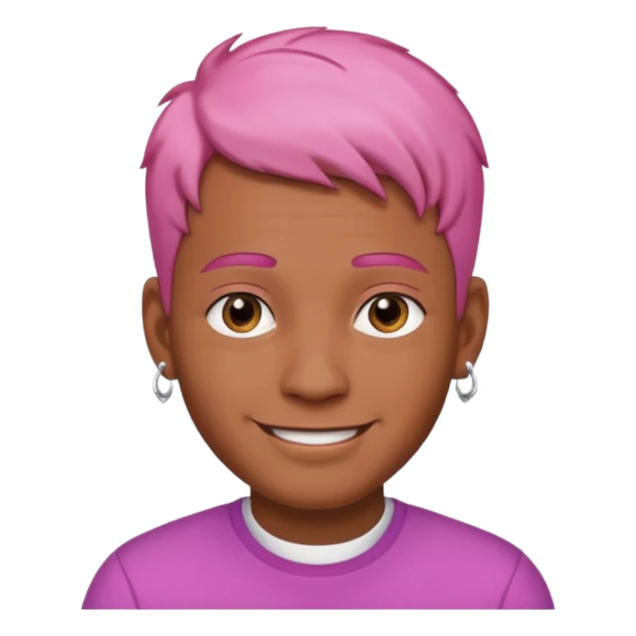 smiling man with brown skin, short pink hair, two earrings, confident expression, iOS emoji style sticker