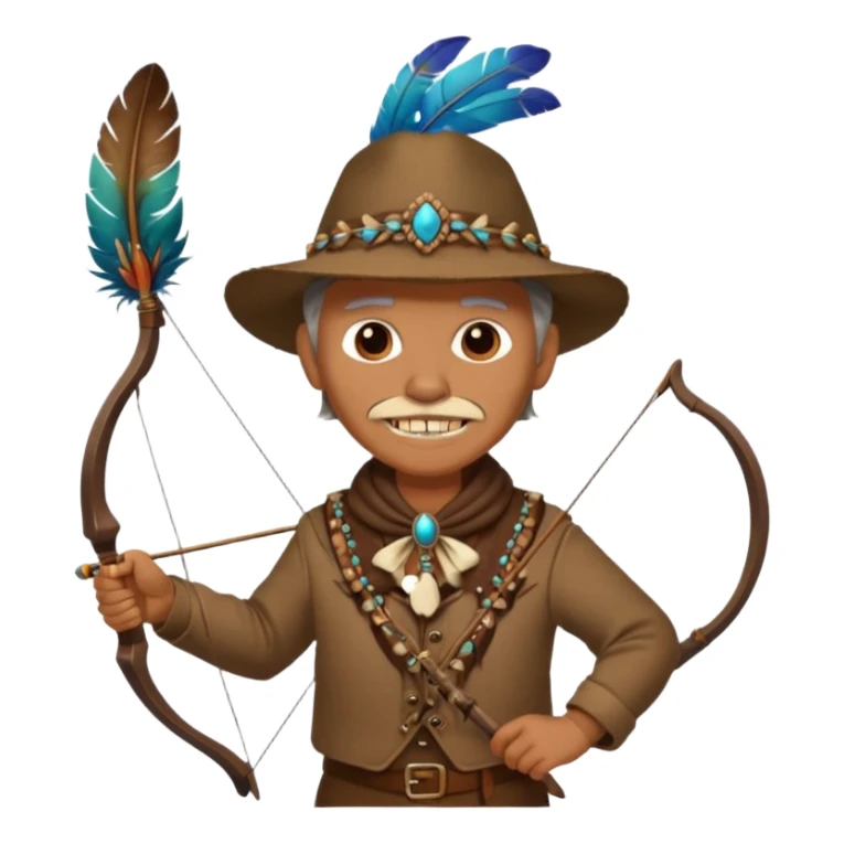 The classic image of a middle-aged uncle hunter carrying a bow, dressed in brown clothes, with some ornaments made of feathers, bones or teeth on his body. sticker
