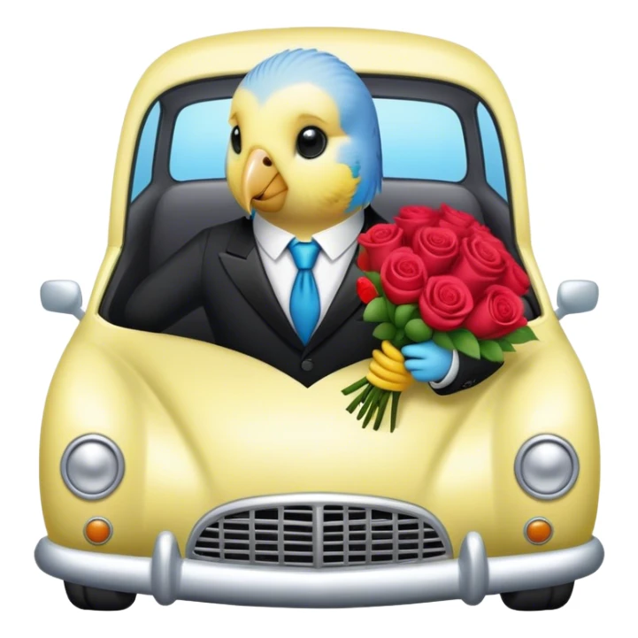 budgie in a car in a suit holding roses bouquet sticker