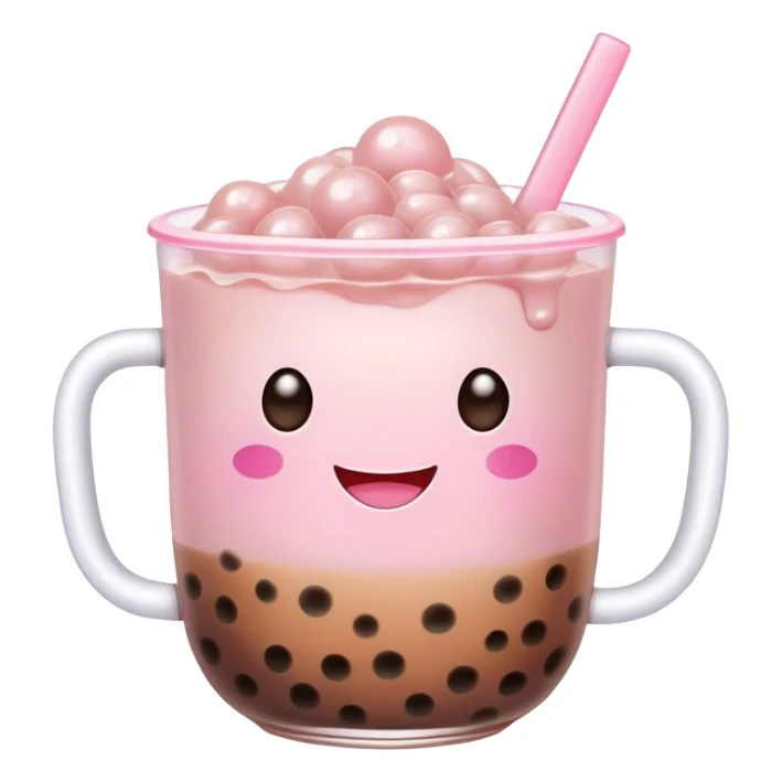Cute Kawaii Boba Tea Cup, with a happy smiling face, chubby round shape, pastel pink and brown colors, soft glowing highlights, adorable tapioca pearls floating inside, sparkling eyes full of joy! sticker