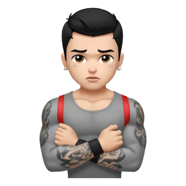 a PRETTY BRATZ boy with black hair, big biceps, full grey sleeve, crying sticker