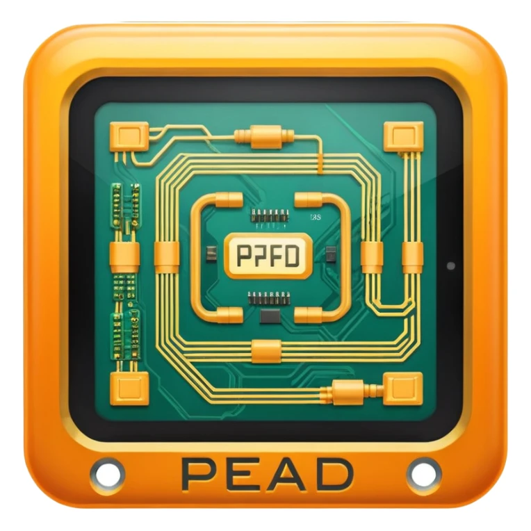 Futuristic reward points icon with PFD text in the middle, circuit board lines, Bloomberg terminal aesthetic, gold orange phosphor glow on dark background, no text, fintech style, clean edges, professional icon design sticker