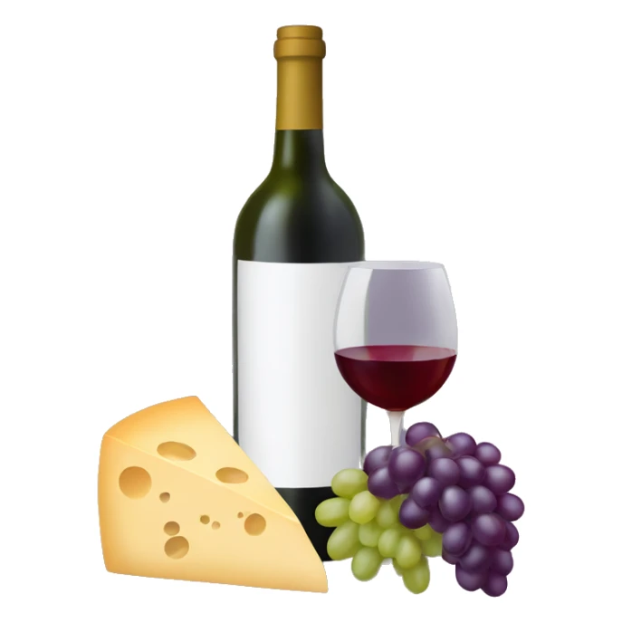 wine bottle with wine glass and grapes and cheese sticker