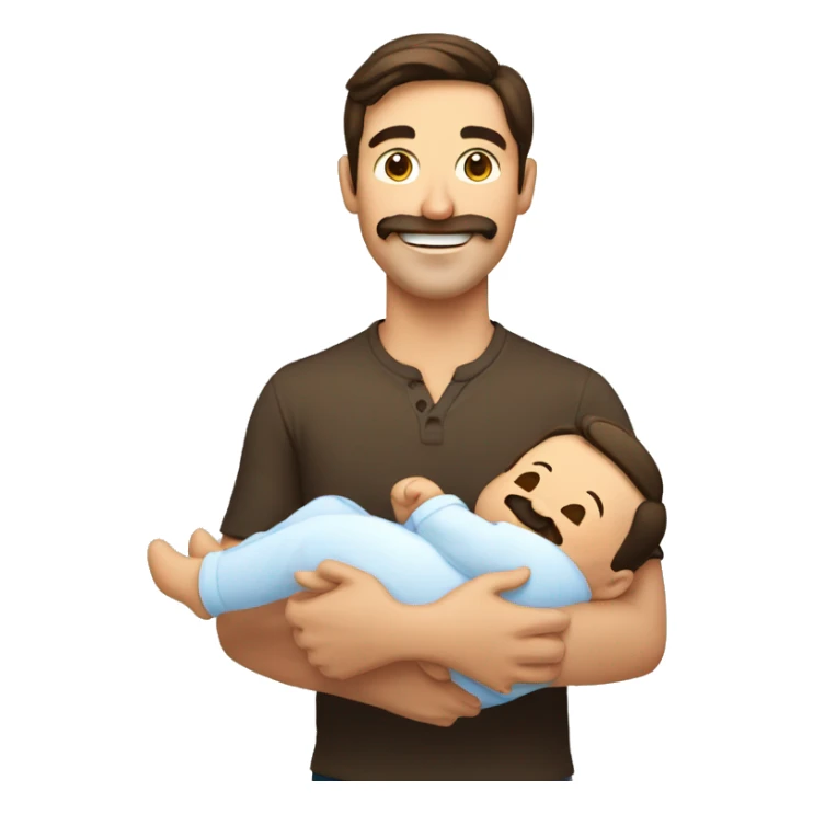handsome smiling brunette man with mustache holding new baby sticker