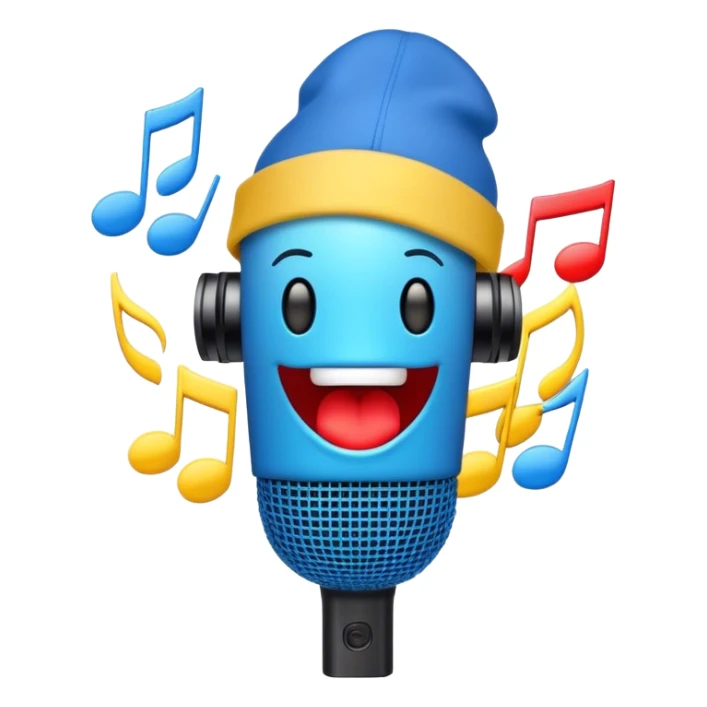 Create a dynamic and energetic emoji that represents beatboxing. The design should feature a microphone with a singing mouth and soundwaves or rhythmic beats emanating from it, symbolizing the vocal percussion and rhythm of beatboxing. Add a cap placed on top of the microphone to reflect street culture and the individuality of the performer. Include musical notes floating around to emphasize the musicality. Use bold, vibrant colors like neon blue, red, and yellow to convey energy and excitement. The background should be transparent. sticker