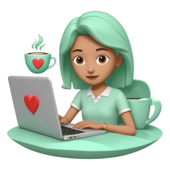 3D clay character relaxed with laptop and coffee, floating icons (envelope, heart, dollar), mint green (#34D399) outfit, coral (#FF7F6B) floating icons, white laptop, Pixar style, transparent background sticker