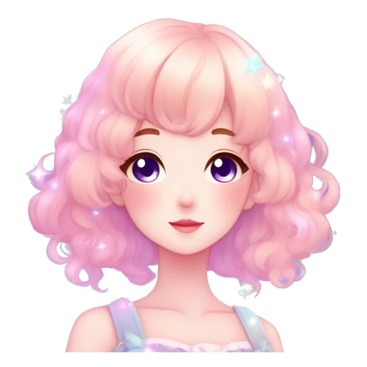 Gorgeous pastel anime style lady blushing nebula-gradient-sparkle face dreamy idol model colorful shiny stars galaxy kawaii cottagecore pearly petite simplistic aesthetic trending style sticker