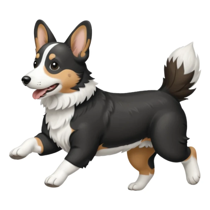 Black and white realistic cardigan welsh corgi running with its tail streaming out behind it sticker