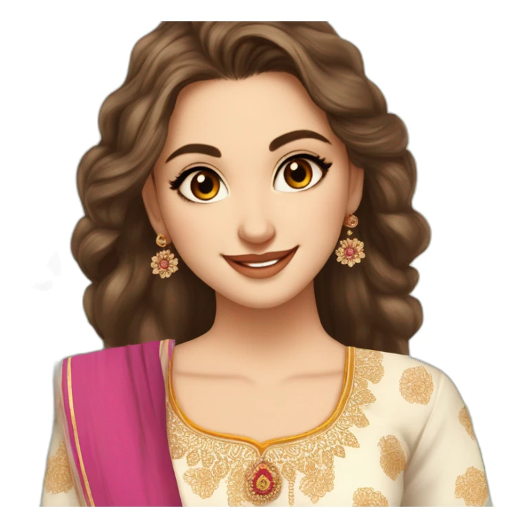 a most beautiful white girl with a small bindi in forehead with jimika and cute loose hairstyle wearing a blur anarkali kurti and a beautfiul smile with flowers sticker