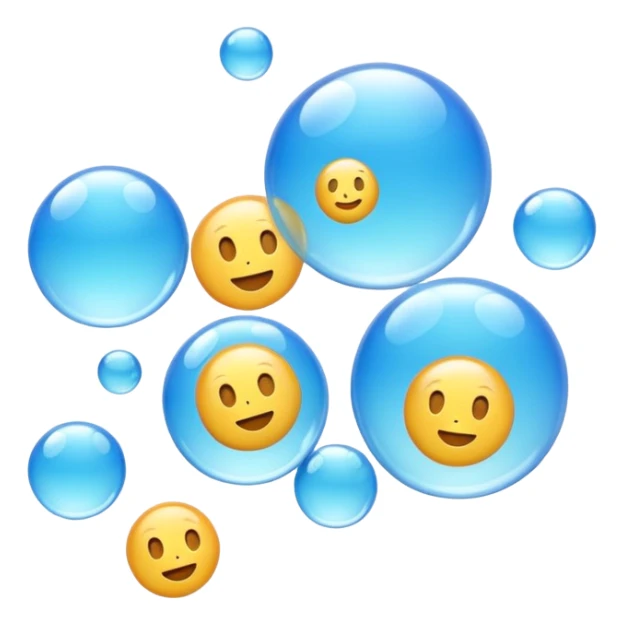 3D iPhone style emoji of free-floating bubbles, scattered randomly in the air, translucent and shiny, various sizes, not contained in any circle, isolated on white background, soft shadows, high detail, NO FACE sticker