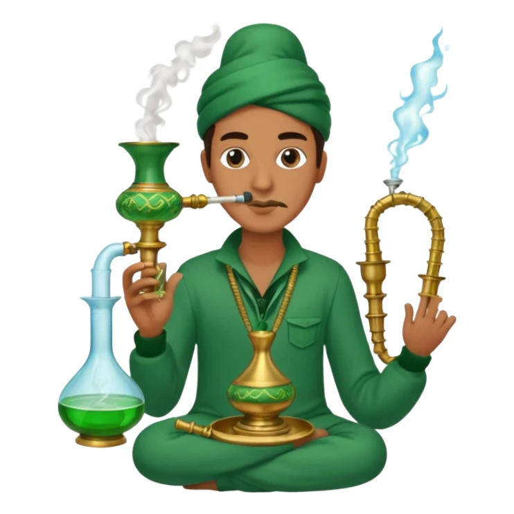 Brass hookah with green design on a glass water base on the top; with two smoke pipes where people are holding them and smoking m from the side all pouting on top sticker