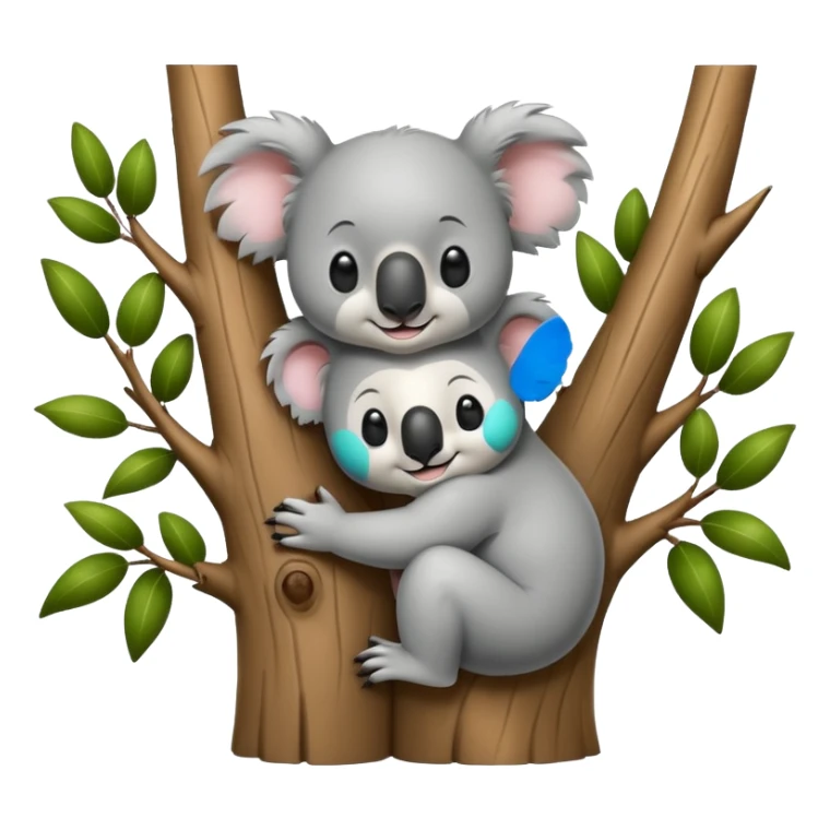 Black and white only; Koala and tree character hugging each other, add a face to the tree sticker