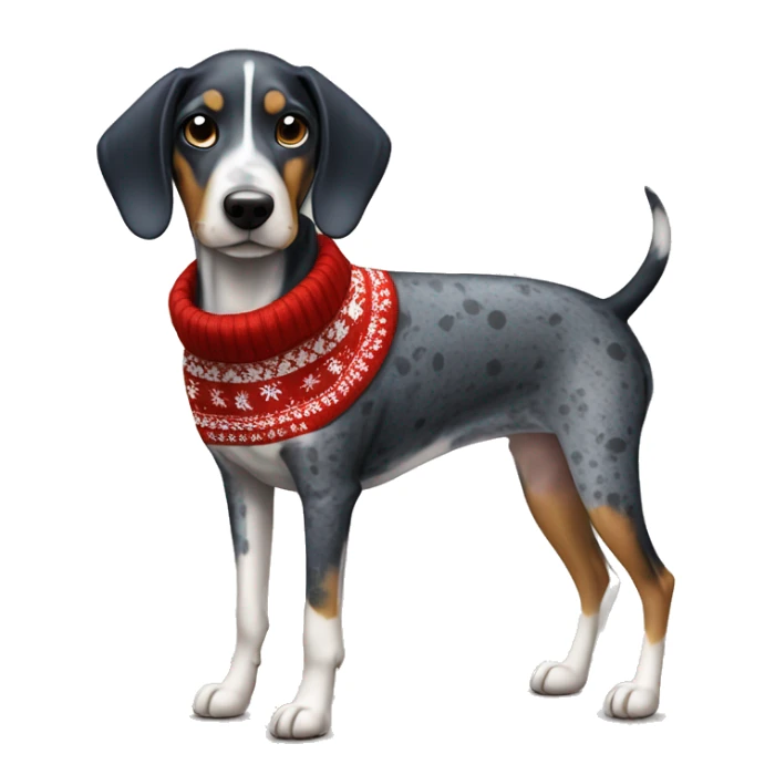 Miniature bluetick hound wearing a Christmas sweater sticker