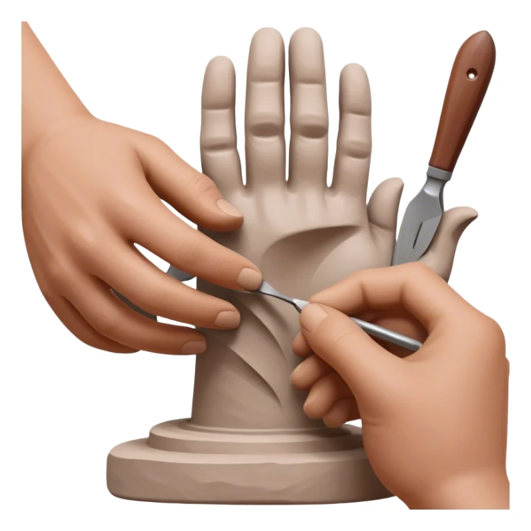Sculpting icon, hands shaping clay, sculpting tools, unfinished sculpture, textured surface, minimalistic style, clean lines, transparent background. sticker