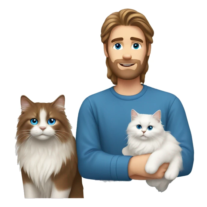 Man with long brown hair and holding a all white Siberian cat with blue eyes sticker