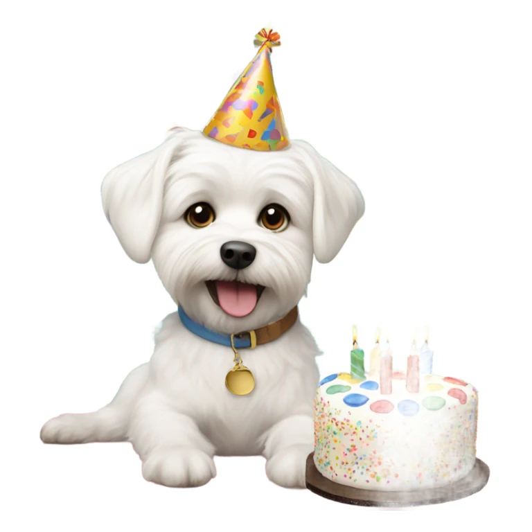 White male small dog wearing birthday hat with a cake  sticker