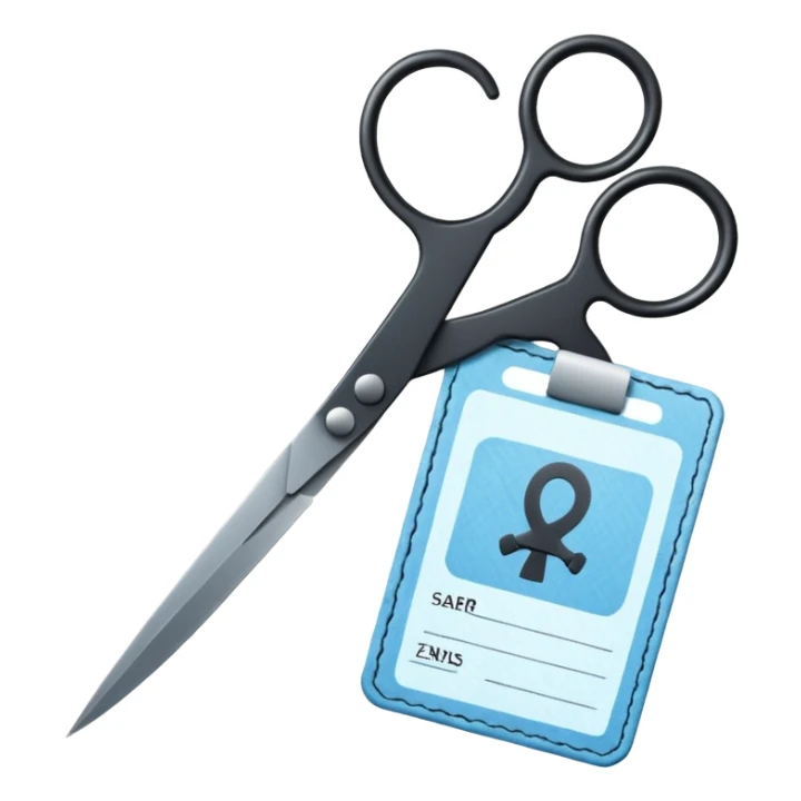 Floating black Scissors cutting a light blue military ID card in 2 parts .hyper realistic sticker