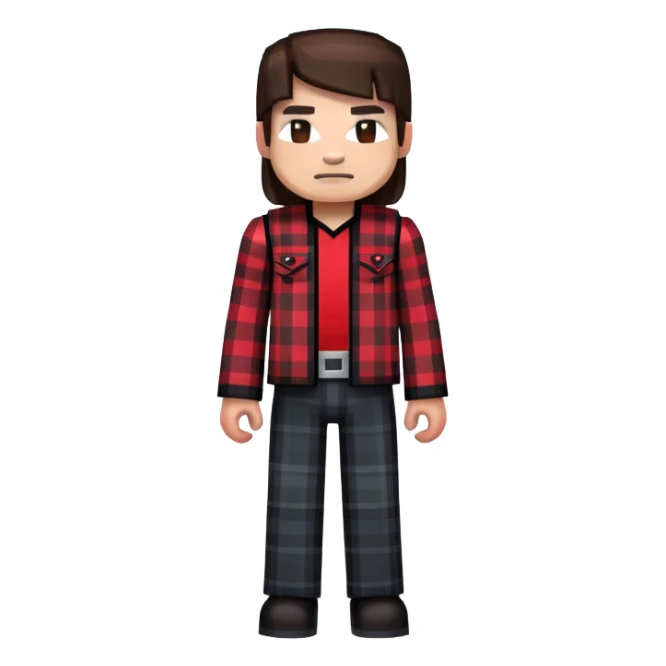 A Minecraft-style skin design depicts a character wearing a dark-colored plaid outfit with red accents.
 sticker