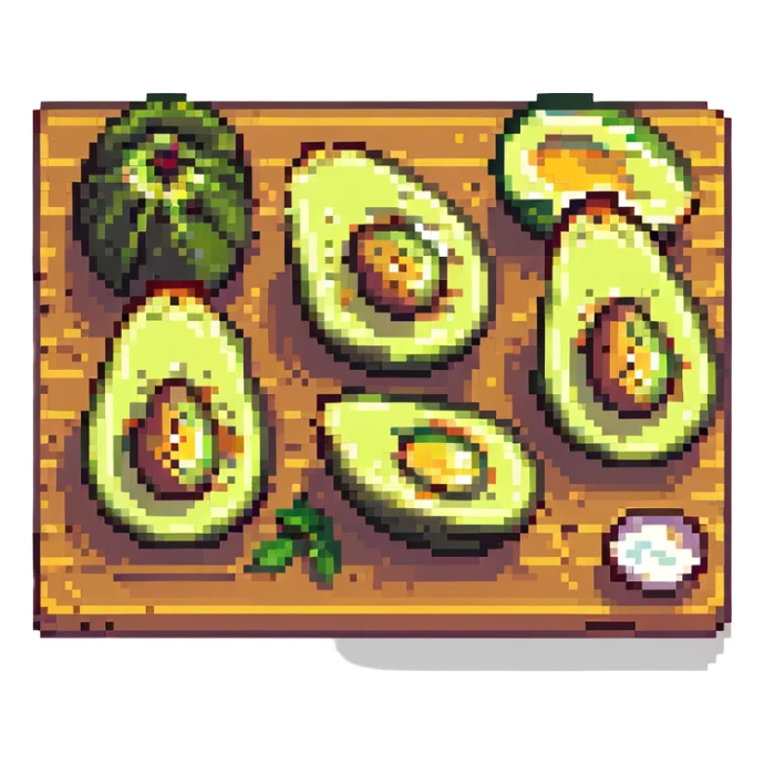 chopped avocados on a cutting board, pixel art style, bright colors, no text sticker