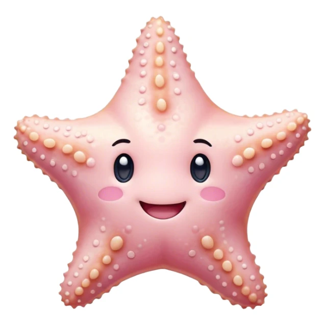 Cinematic cute round starfish, pastel pink, soft bumpy texture, tiny happy face, slightly tilted, glowing warmly, sparkling with gentle ocean magic. sticker