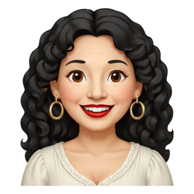 60 yr old peruvian woman, slightly chubby, wavy/curly long black hair, red lipstick, big smile, white teeth, brown eyes, hoop earings, side part to hair, round face, pretty white dress, hair side swept, big hoop earing sticker