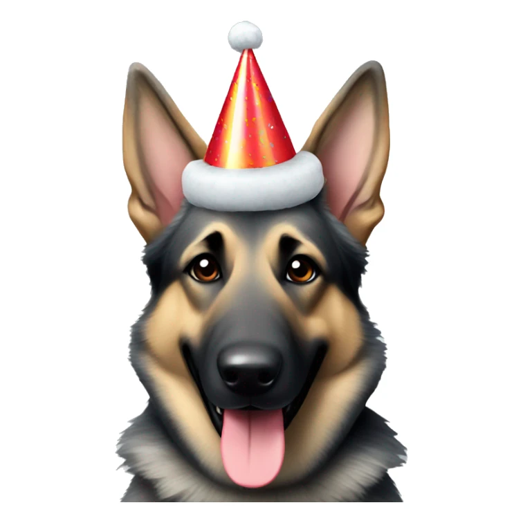 Grey German shepherd smiling and wearing a party hat sticker