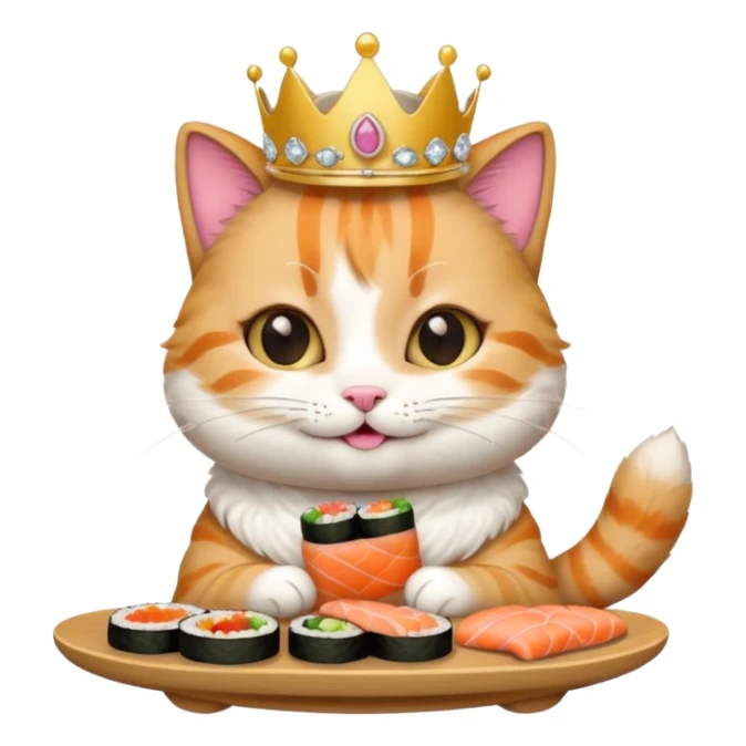 princess cat eating sushi, smiling, sushi in paw, tiny tiara, emoji style sticker