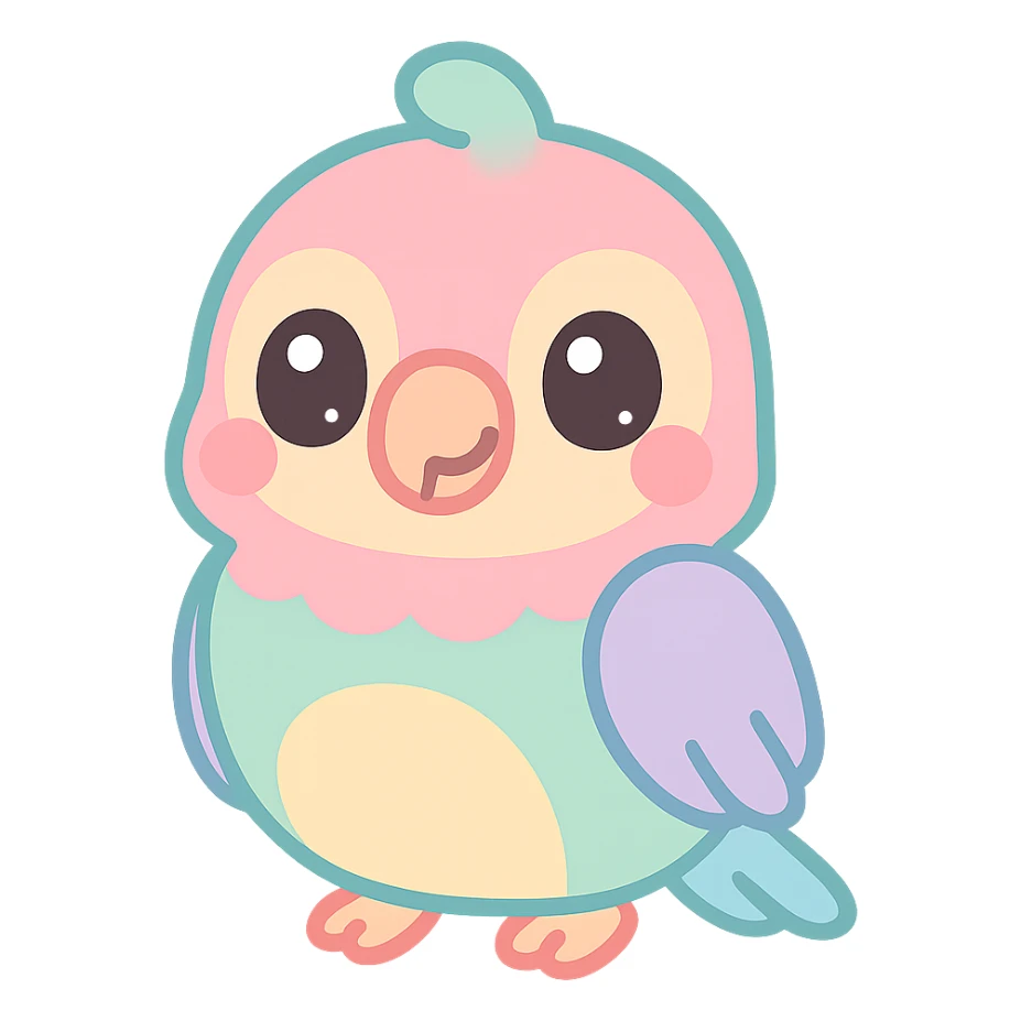 animated parrot, big eyes, bright colors, kawaii style sticker