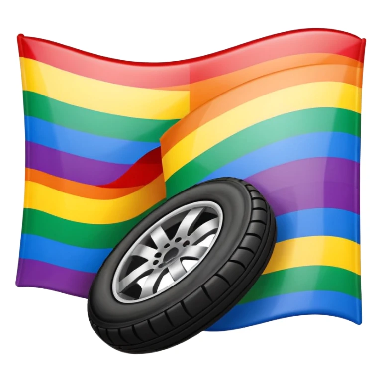 compact emoji-style vector illustration of the LGBT rainbow flag with vibrant colors, bold realistic black tire skid marks diagonally crossing the flag, high contrast, clear, white or transparent background sticker