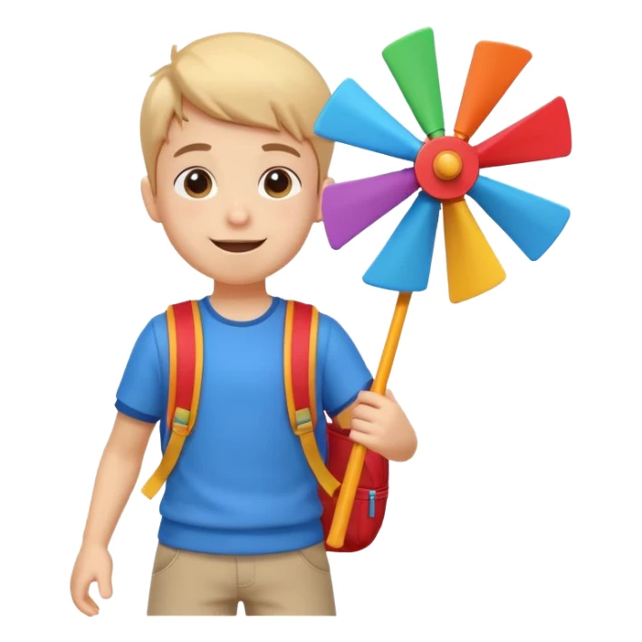 cute boy carrying a toy windmill backpack, colorful windmill spinning on the back, happy expression, casual outfit, 3D cartoon, mobile game icon style, clean background, no text, no watermark
 sticker