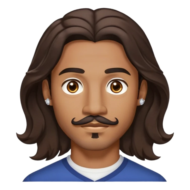 Young man with medium brown skin, mixed-race ethnicity, long wavy dark brown hair with an EXTREMELY PRECISE CENTER PART exactly aligned with the middle of the face, hair parted perfectly symmetrically on both sides, mustache separated from goatee, medium brown eyes, small diamond stud earrings, head only sticker