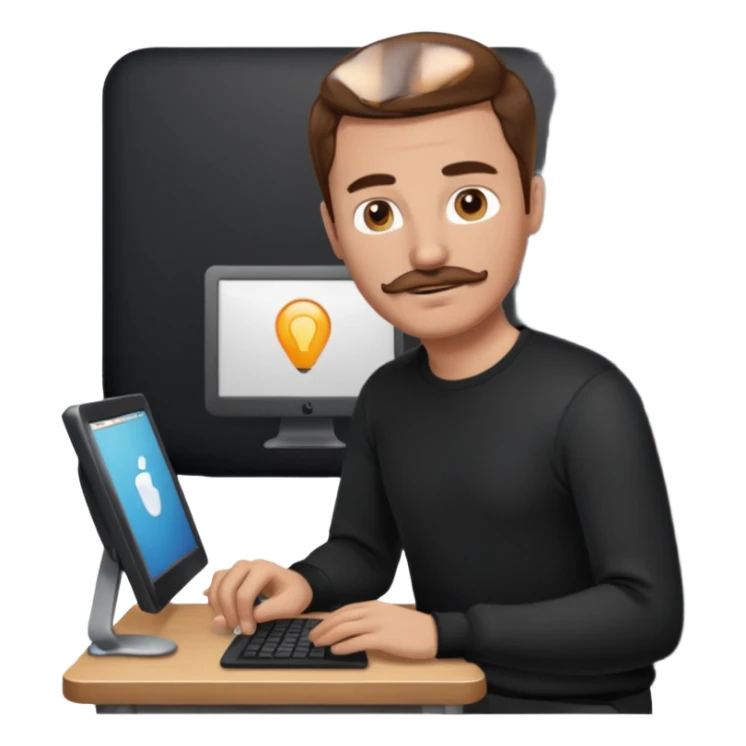  man with mustache, brown hair, 33years old, shirt, high temple Black pullover with a white shirt underneath and black fabric trousers work with couputer sticker