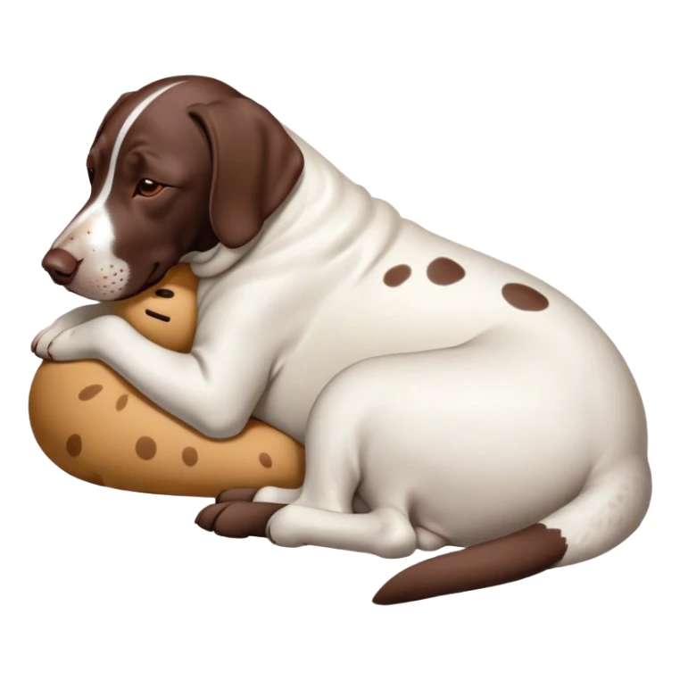 Cinematic Meme-Worthy Chubby Sleeping German Pointer Portrait Emoji, Head resting peacefully with a contented smile, showcasing a delightfully chubby build and a luxuriously soft liver and white coat, eyes shut in a serene nap, Simplified yet hilariously adorable features, highly detailed, glowing with a soft, drowsy light, high shine, relaxed and utterly lovable, stylized with an air of playful laziness, bright and heartwarming, soft glowing outline, capturing the essence of a comically sleepy hunter, so meme-worthy it feels like it could instantly become the next viral sensation of adorable slumber! sticker