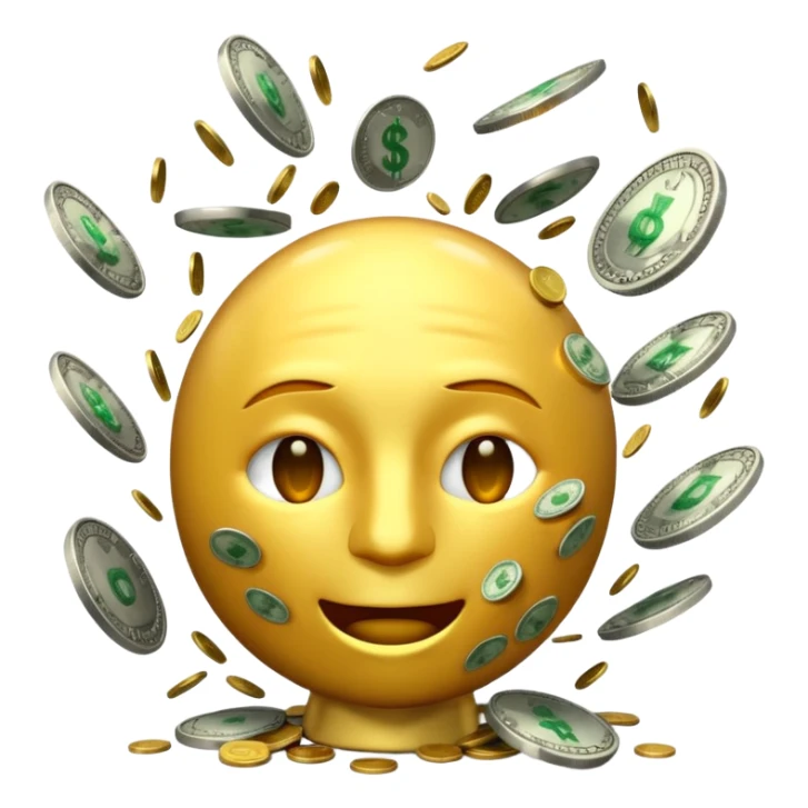 3D glossy money emoji, cracked head, coins and bills burst upward, perfect loop, centered, chroma green background sticker