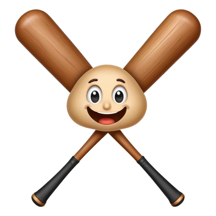 Brown wooden baseball bat character with a tiny surprised face sticker